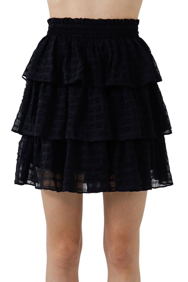 Gingham Tiered Chiffon Miniskirt, Alternate, color, BLACK