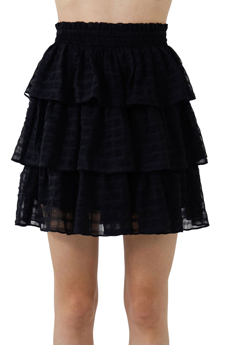 English Factory Gingham Tiered Chiffon Miniskirt, Alternate, color,