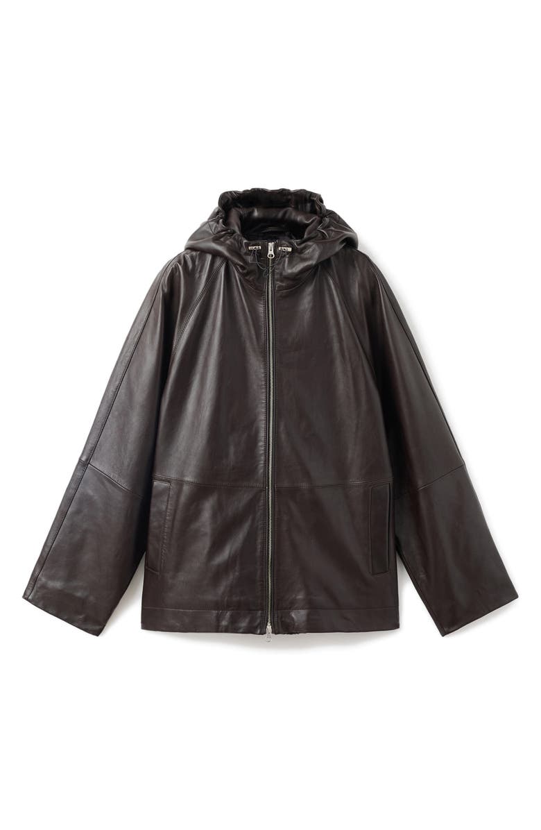 MANGO Selection Hooded Leather Zip Jacket, Alternate, color, Brown