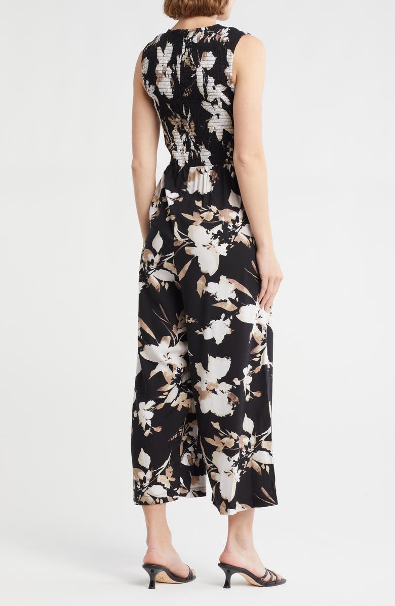 Calvin Klein Floral Sleeveless Smocked Wide Leg Jumpsuit, Alternate, color, Black Multi