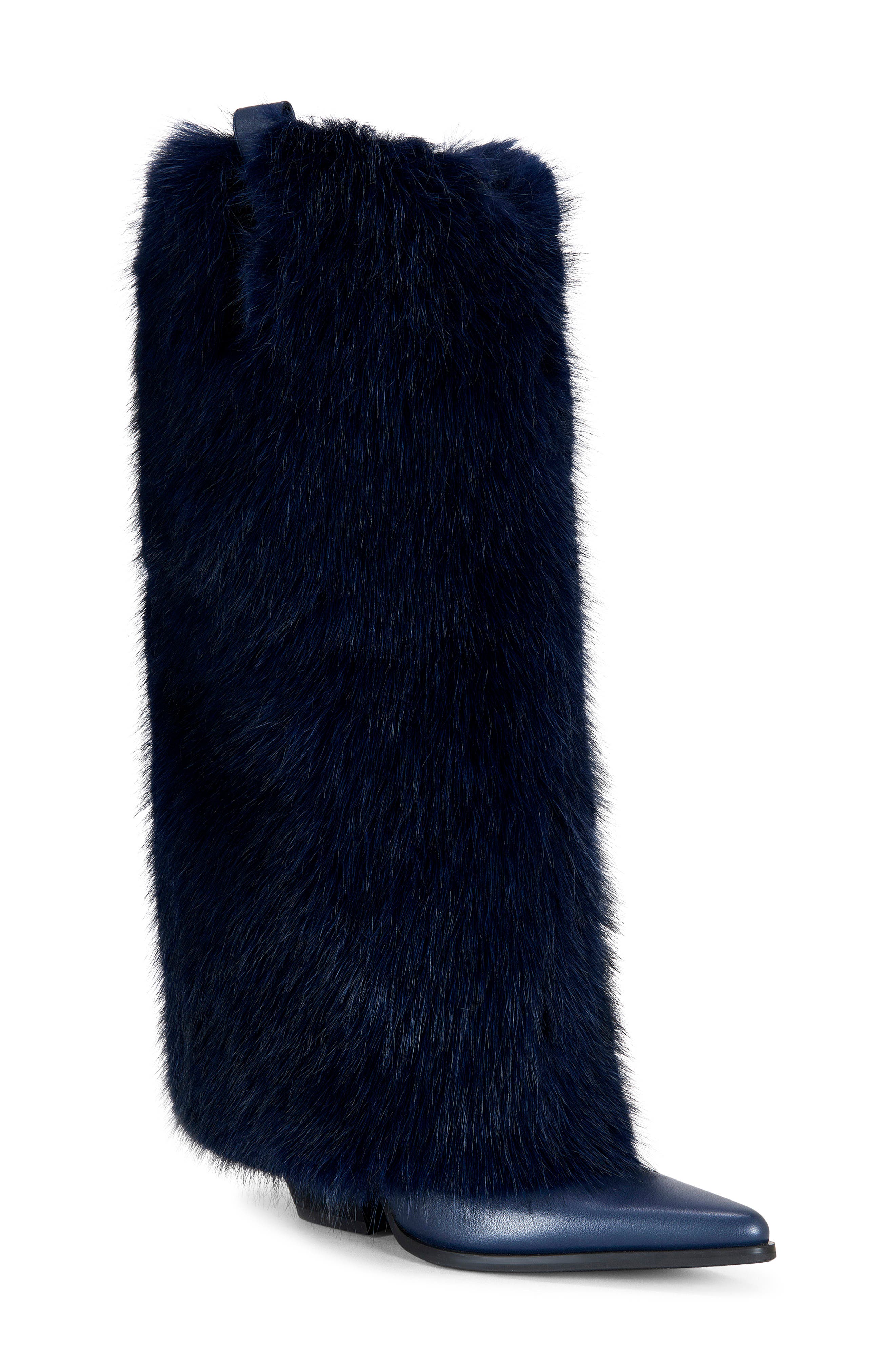 AZALEA WANG Friata Faux Fur Western Boot, Main, color, Navy