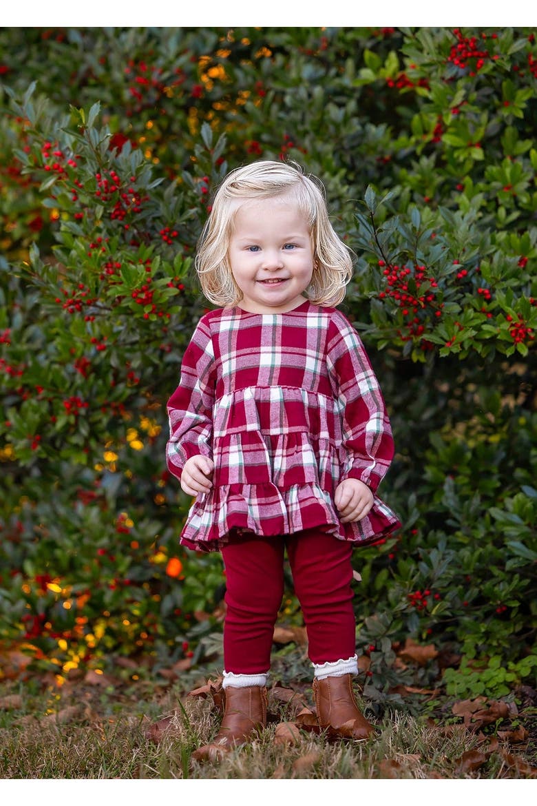 Winterberry Long Sleeve Plaid Tiered Ruffle Top and Legging Set, Alternate, color, Red