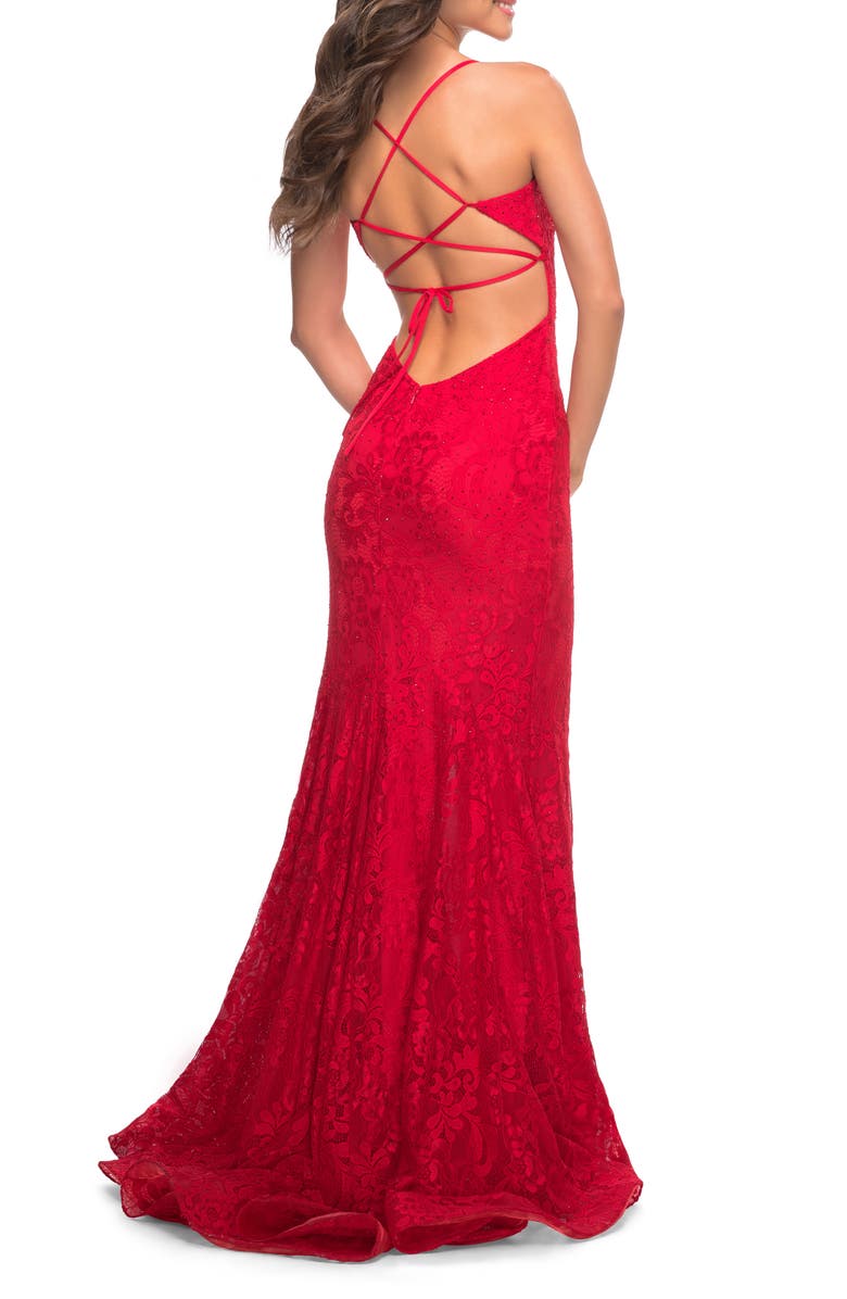 La Femme Strappy Back Lace Trumpet Gown, Alternate, color,