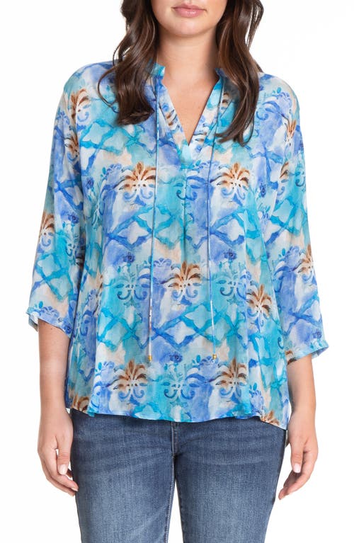 Apny Tie Neck Top In Blue/white Multi