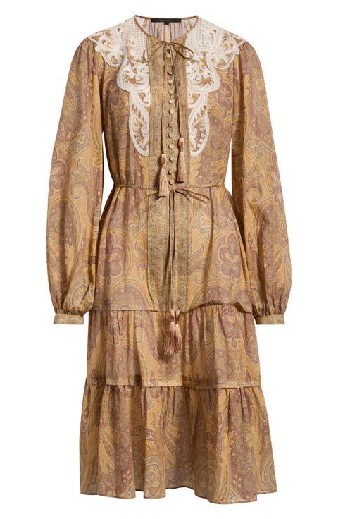 Lace Detail Paisley Tiered Cotton Dress