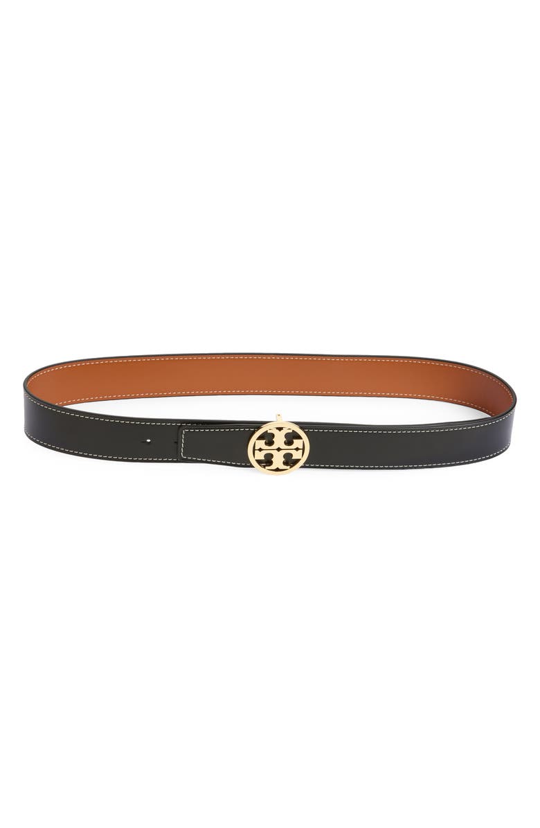 Tory Burch 1.5-Inch Miller Smooth Leather Reversible Logo Belt, Main, color, Black / Malt Whiskey