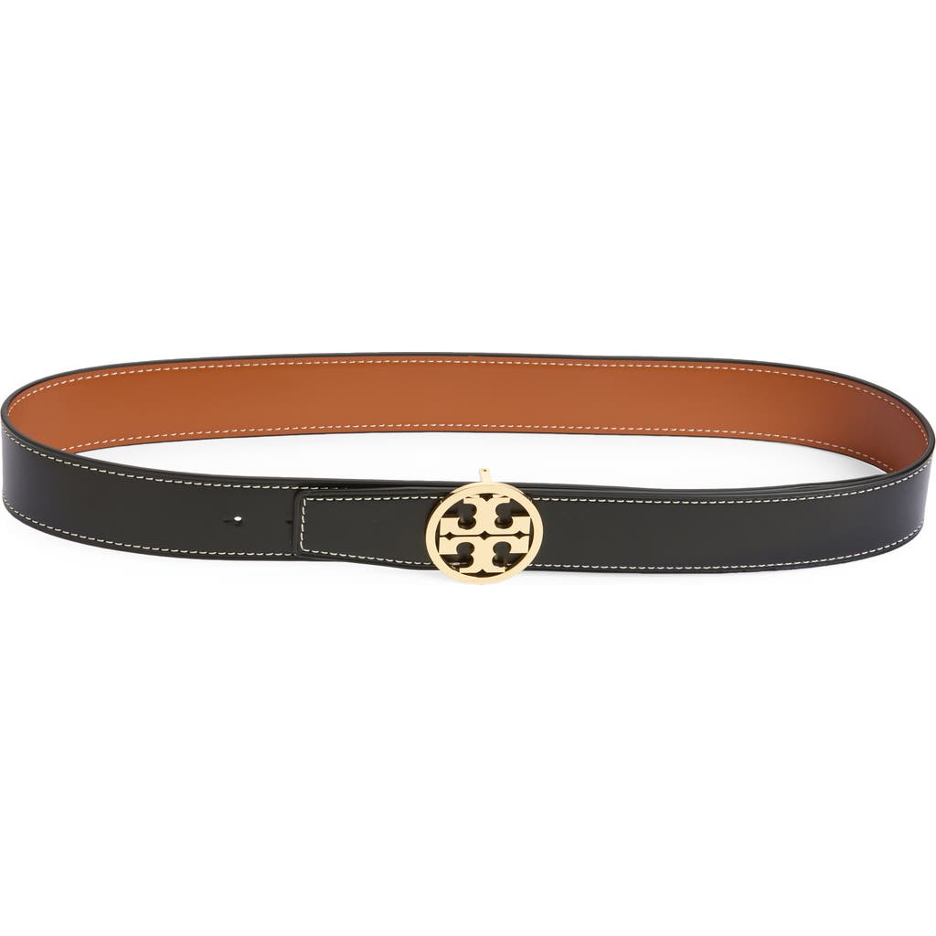 Tory Burch 1.5-Inch Miller Smooth Leather Reversible Logo Belt in Black/malt Whiskey at Nordstrom, Size X-Large