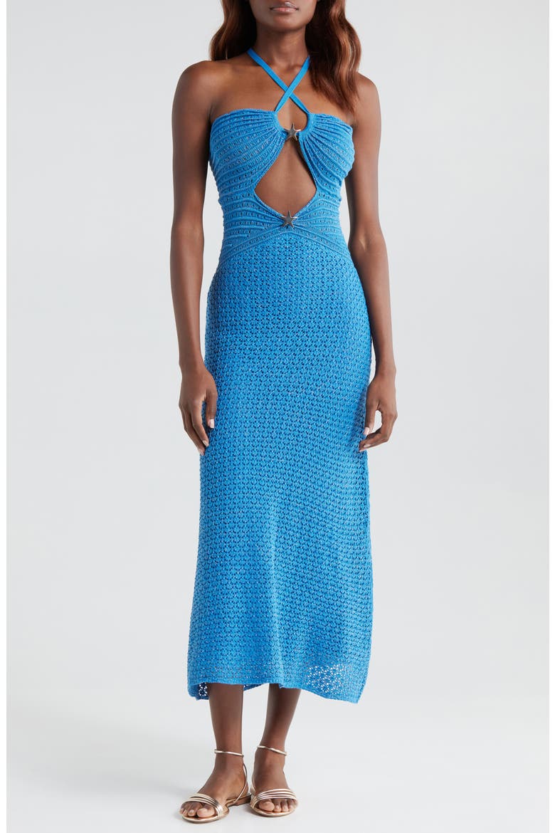 metallic cover up dress Women's Blue Metallic Turquoise Mesh Cover-Up Dress With Chain Detail | S/M