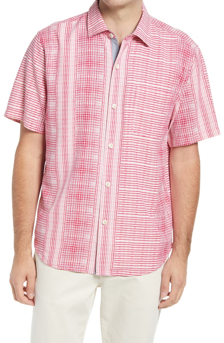 Tommy Bahama Bay Street Blues Short Sleeve Silk Button-Up Shirt, Main, color, Bright Blush