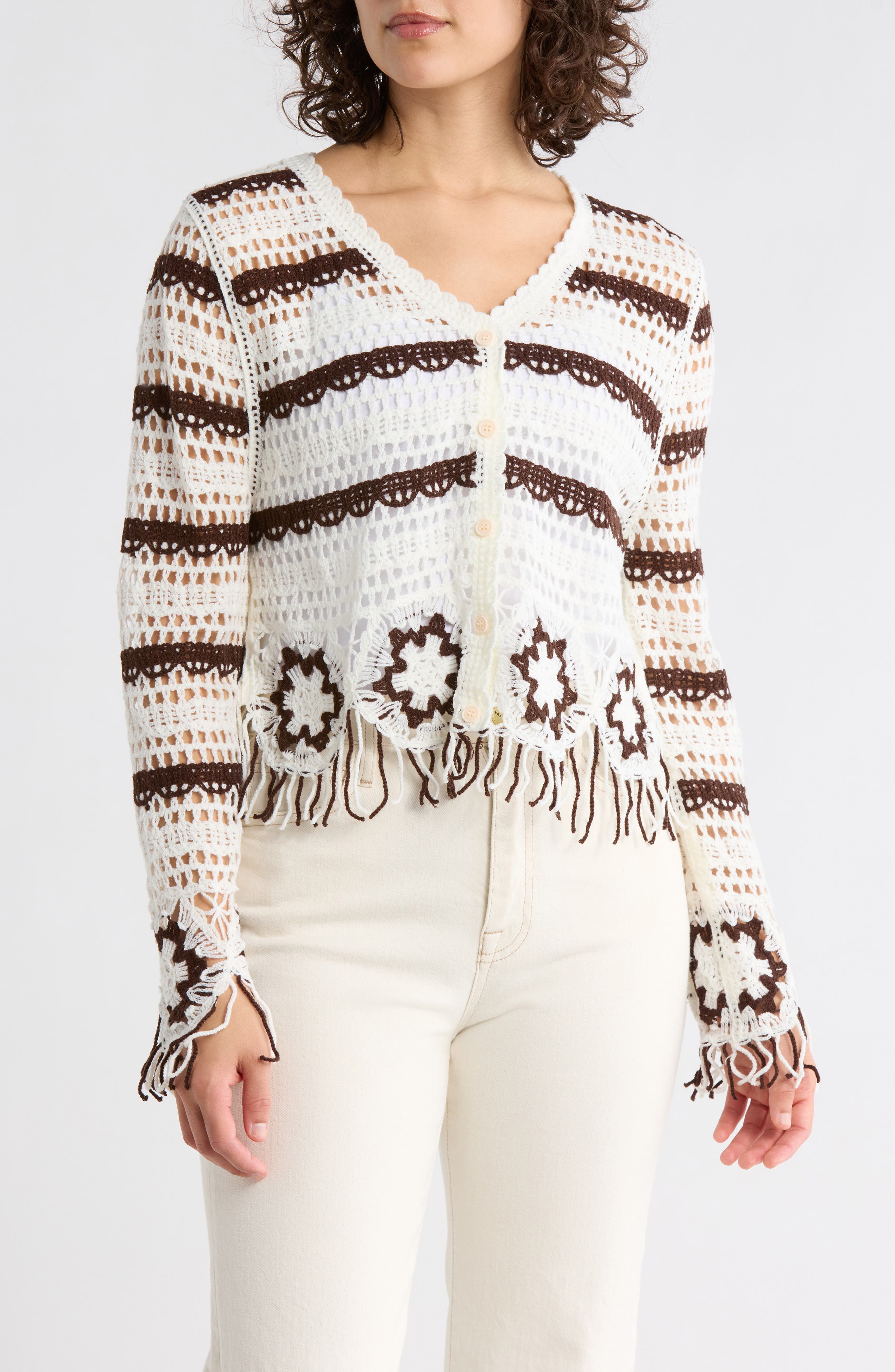 Floral Open Knit Button-Up Sweater - image 3