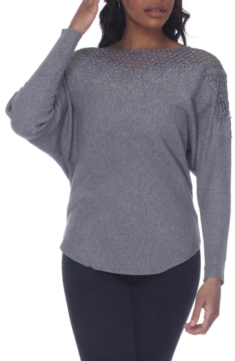 RAIN AND ROSE Embellished Lace Trim Sweater, Main, color, 