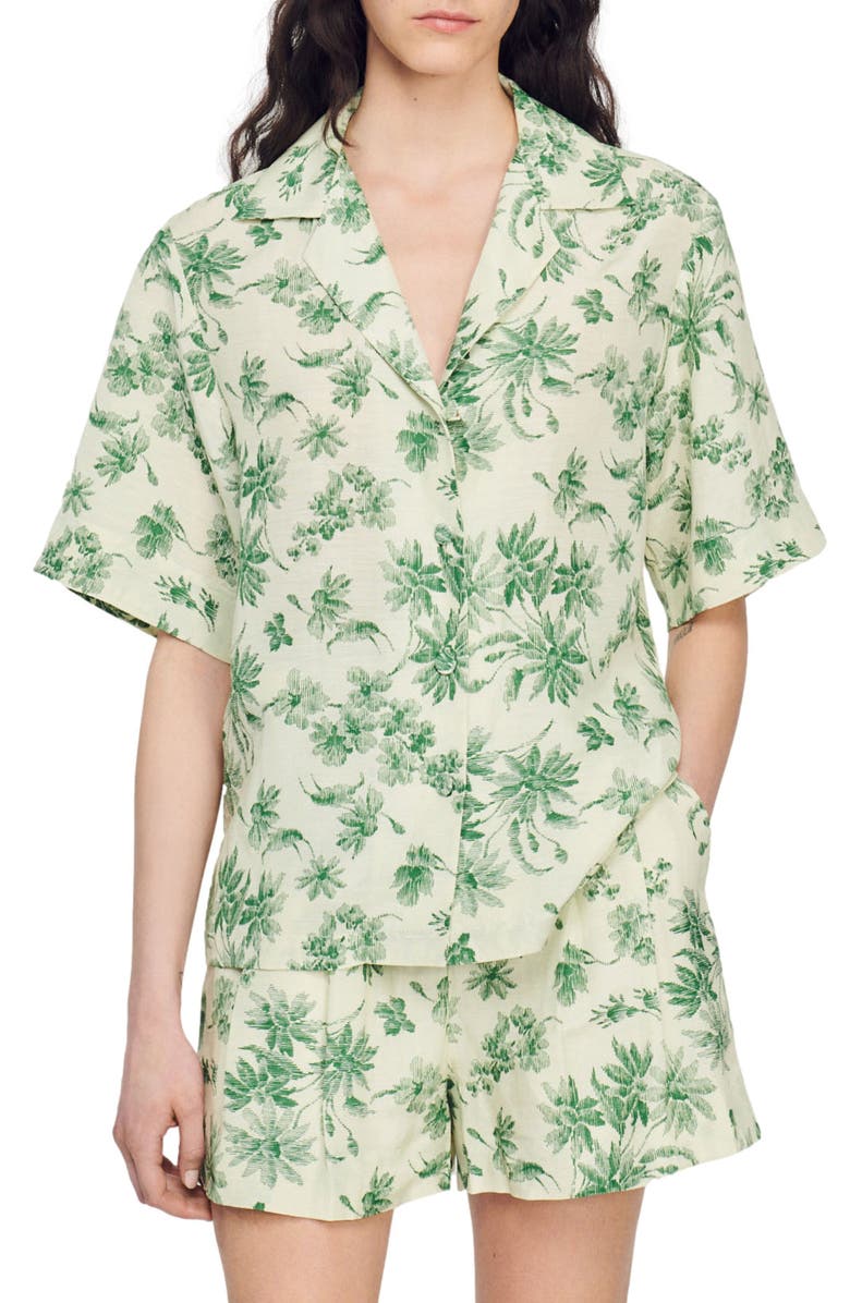 SANDRO Bourget Short Sleeve Linen Blend Camp Shirt, Main, color, Ecru - Vert