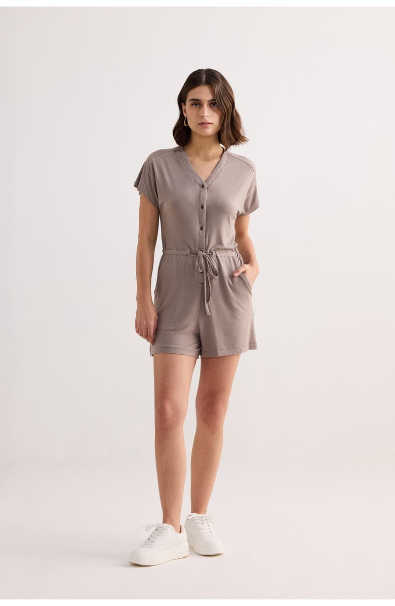 Reistor Regular Fit V-neck Drawstring Knit Romper, Alternate, color, Dusty Brown