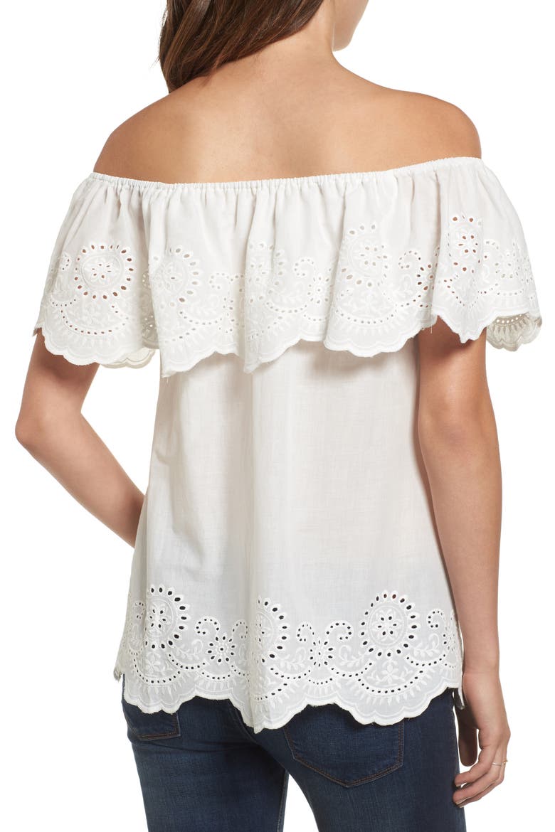 Eyelet Ruffle Off the Shoulder Top, Alternate, color, WHITE
