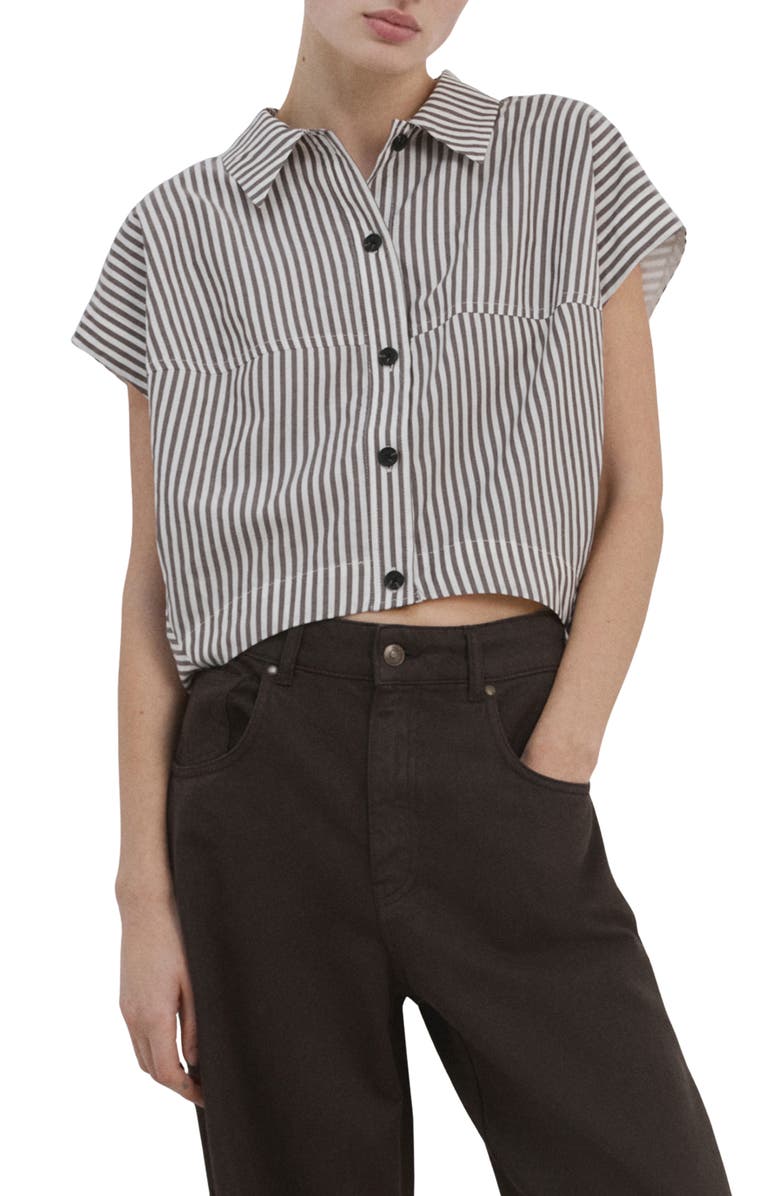 MANGO Stripe Short Sleeve Crop Button-Up Shirt, Main, color, 