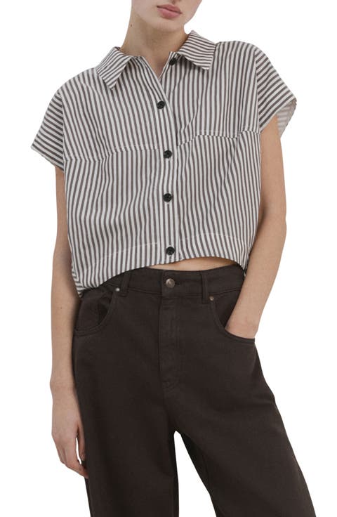 Stripe Short Sleeve Crop Button-Up Shirt