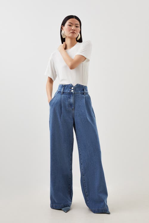 Karen Millen Petite Denim Wide Leg Pants In Blue