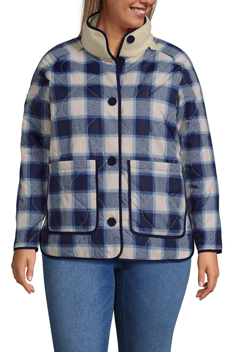 Plus Size High Pile Fleece Reversible Mixed Media Long Jacket, Main, color, Ivory/Navy Check