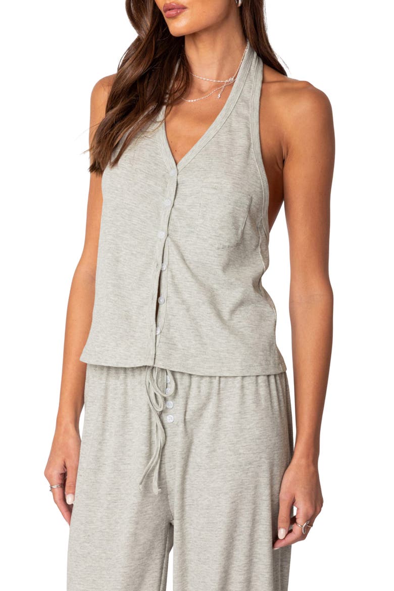 Rosanna Halter Neck Rib Pajama Top, Alternate, color, GRAY-MELANGE
