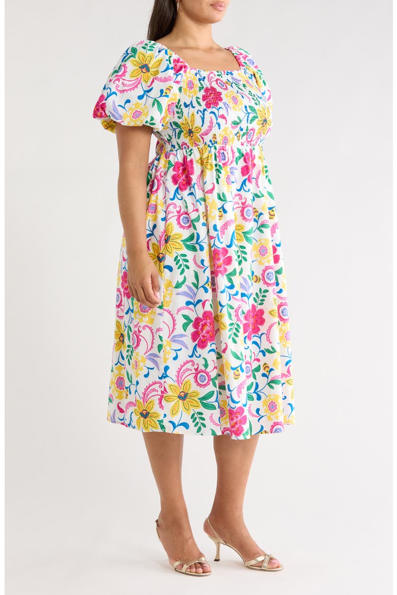 Kress Floral Print Smocked Midi Dress, Alternate, color, WHITE MULTI