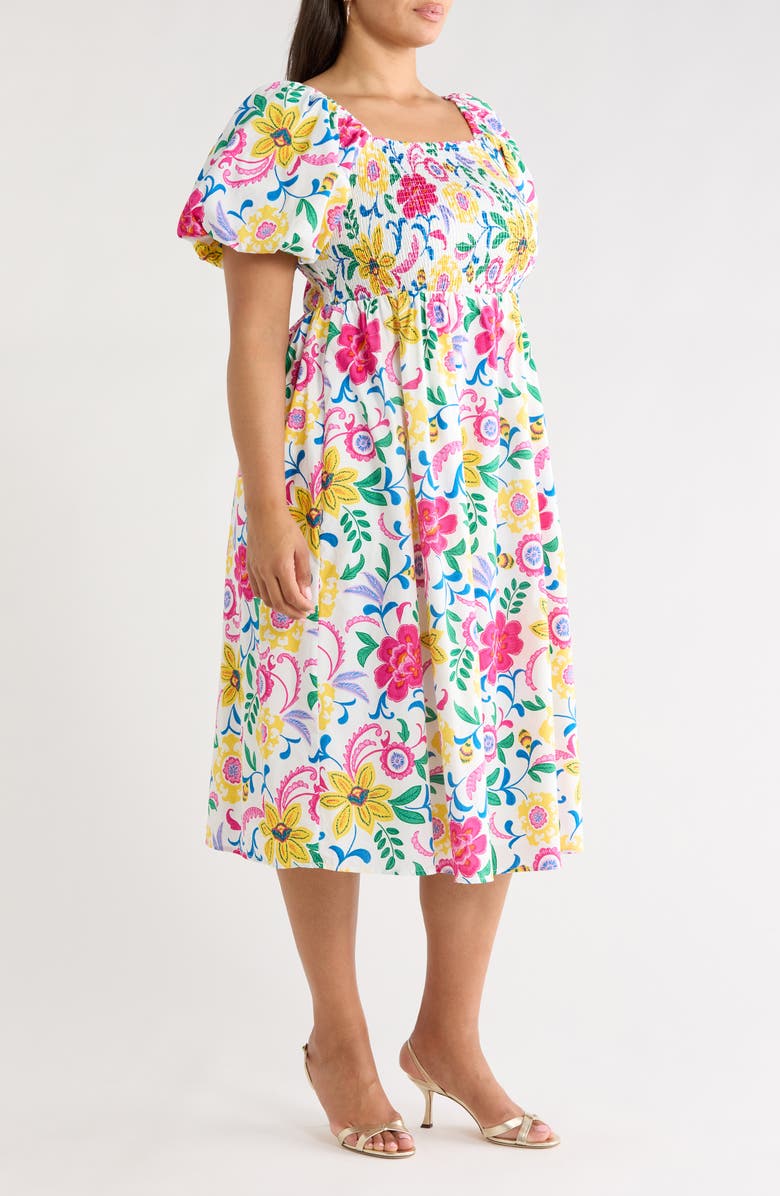SUGARLIPS Kress Floral Print Smocked Midi Dress, Alternate, color, White Multi