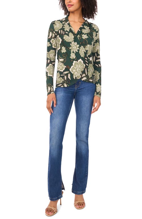 Vince Camuto Floral Print Long Sleeve Faux Wrap Top In Green