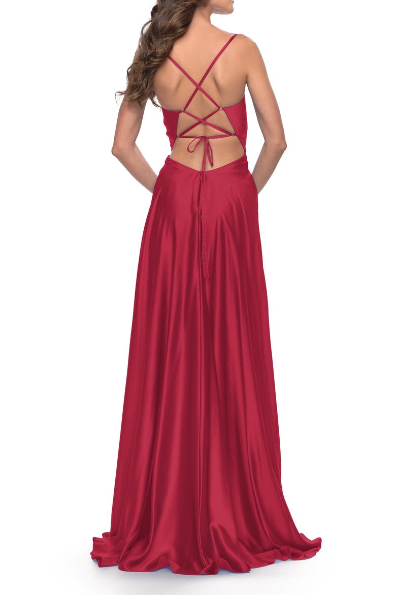 Satin A-Line Gown with Cut Out and Twist Bodice, Alternate, color, Red