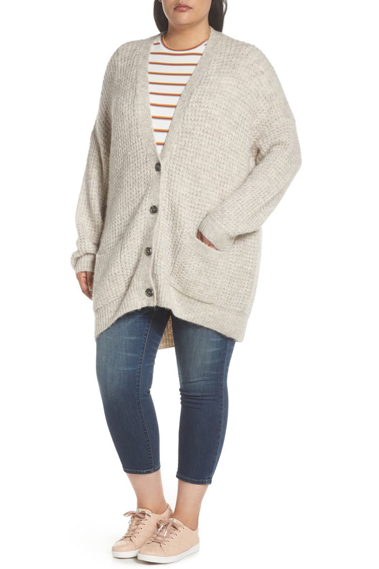 Oversized Waffle Stitch Cardigan, Alternate, color, BEIGE BIRCH