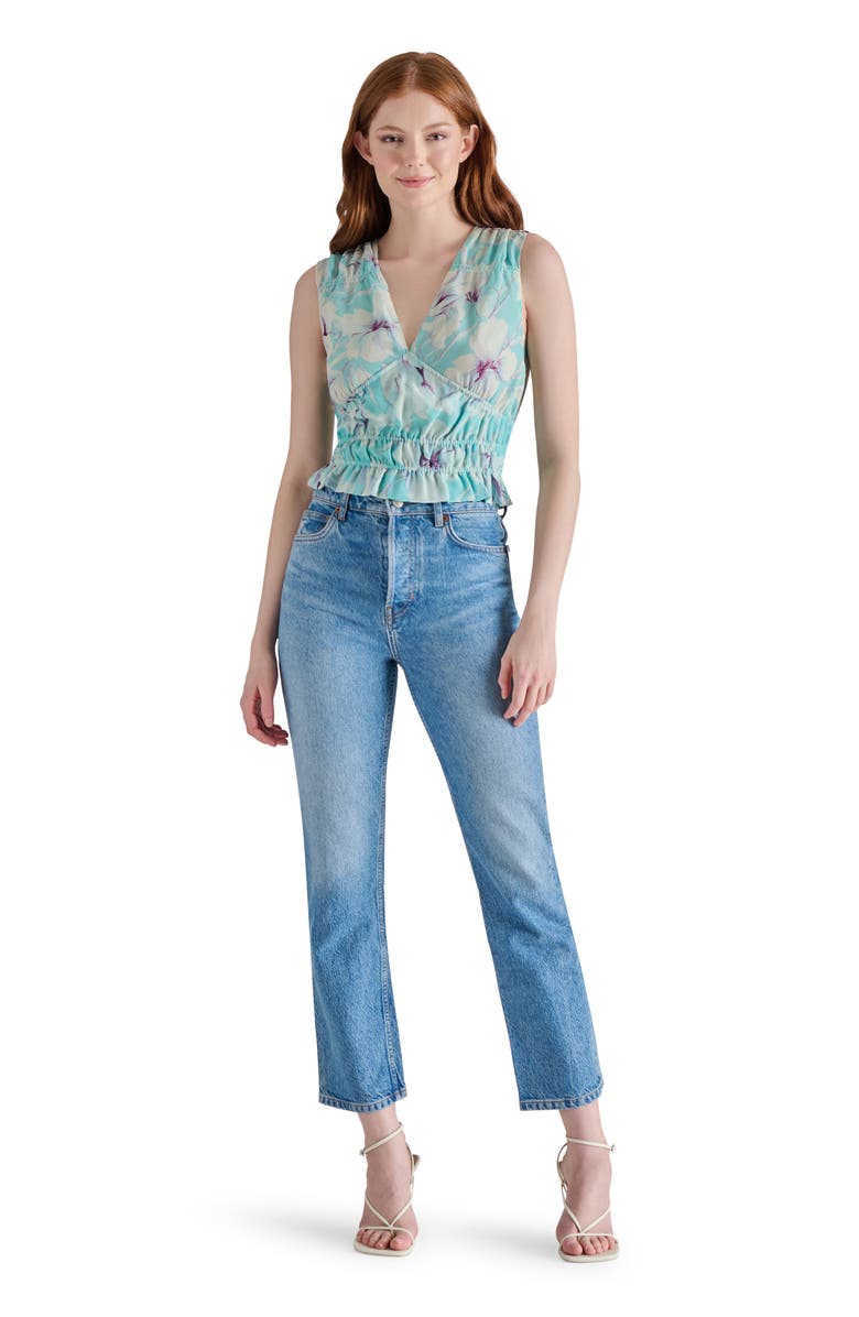 Steve Madden Floral Print V-Neck Sleeveless Ruched Top, Alternate, color, Hazy Blue