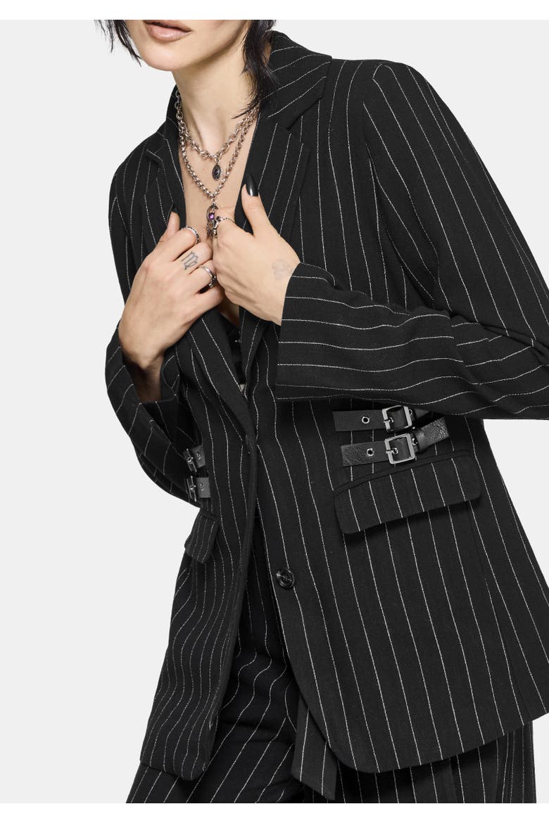 Charli Pinstripe Buckle Oversized Blazer, Alternate, color, Black
