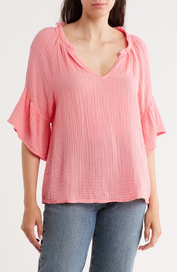 Michael Stars Savannah Flutter Sleeve Cotton Gauze Top In Pink