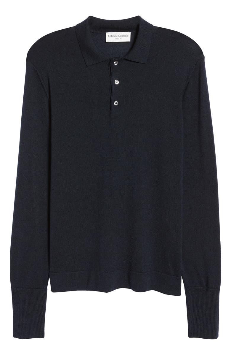 Officine Générale Brutus Long Sleeve Wool & Lyocell Polo, Alternate, color, Navy