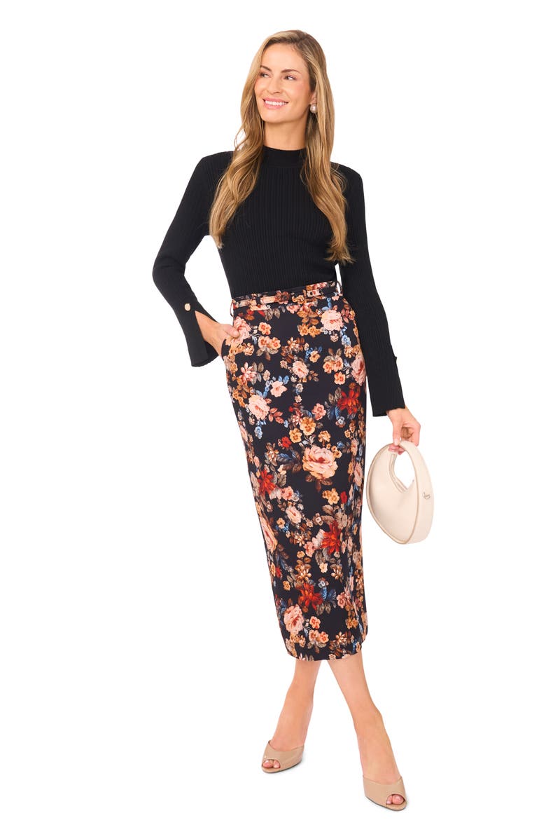 Floral Belted Midi Skirt, Alternate, color, RICH BLACK