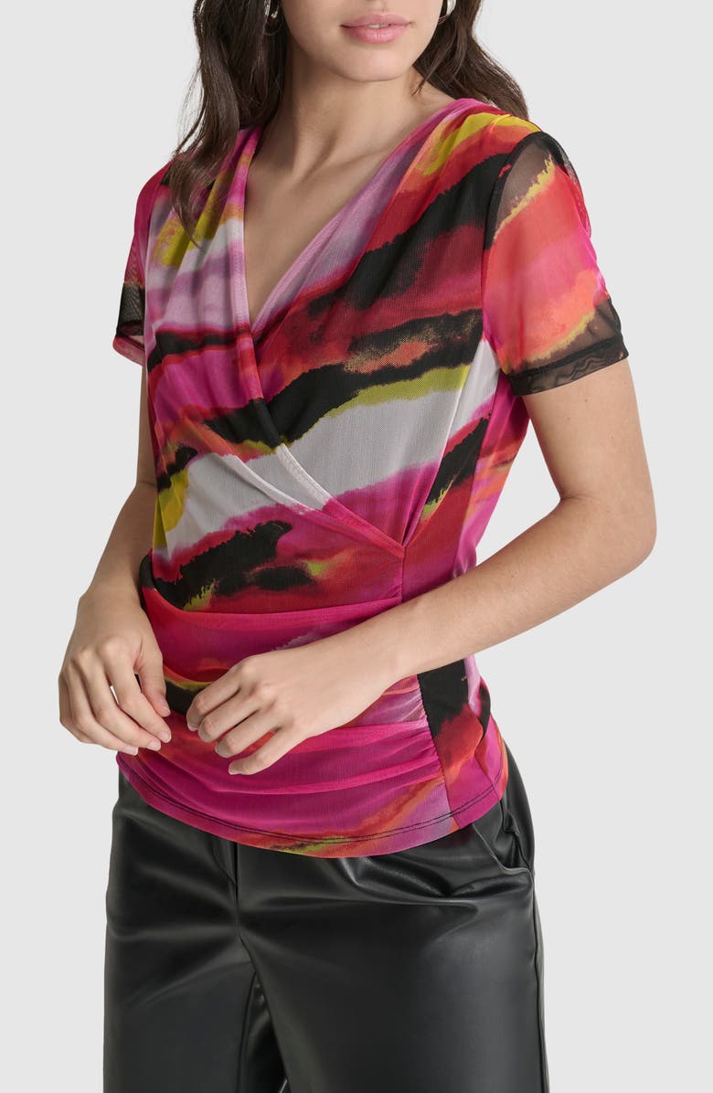DKNY Abstract Print Surplice Mesh Top, Alternate, color, 