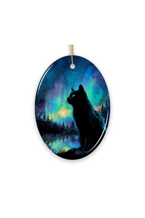 Aurora Night Black Cat Ceramic Ornament