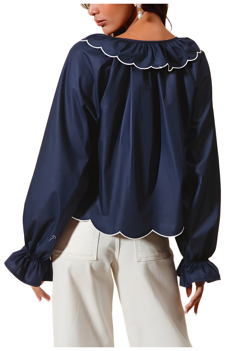 Knit and Lounge Scallop Trim Blouse with Ruffled Collar and Tie Neck, Alternate, color, 