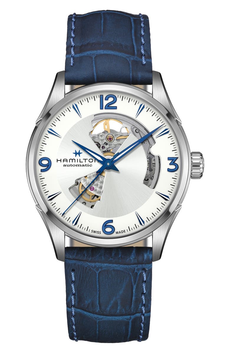 Hamilton Jazzmaster Skeleton Leather Strap Watch, 42mm, Main, color, Blue