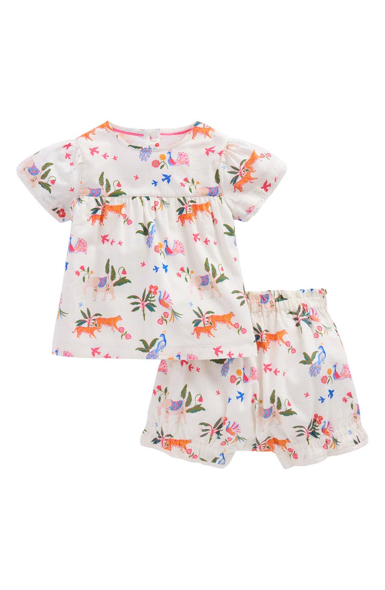 Mini Boden Cotton Babydoll Top & Bloomers Set, Main, color, Ivory Small Tropical Animals