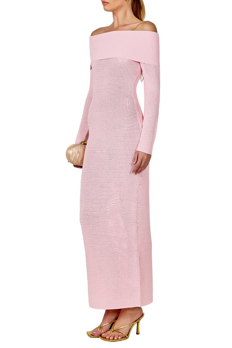 Open Stitch Off the Shoulder Long Sleeve Sweater Dress, Alternate, color, PINK