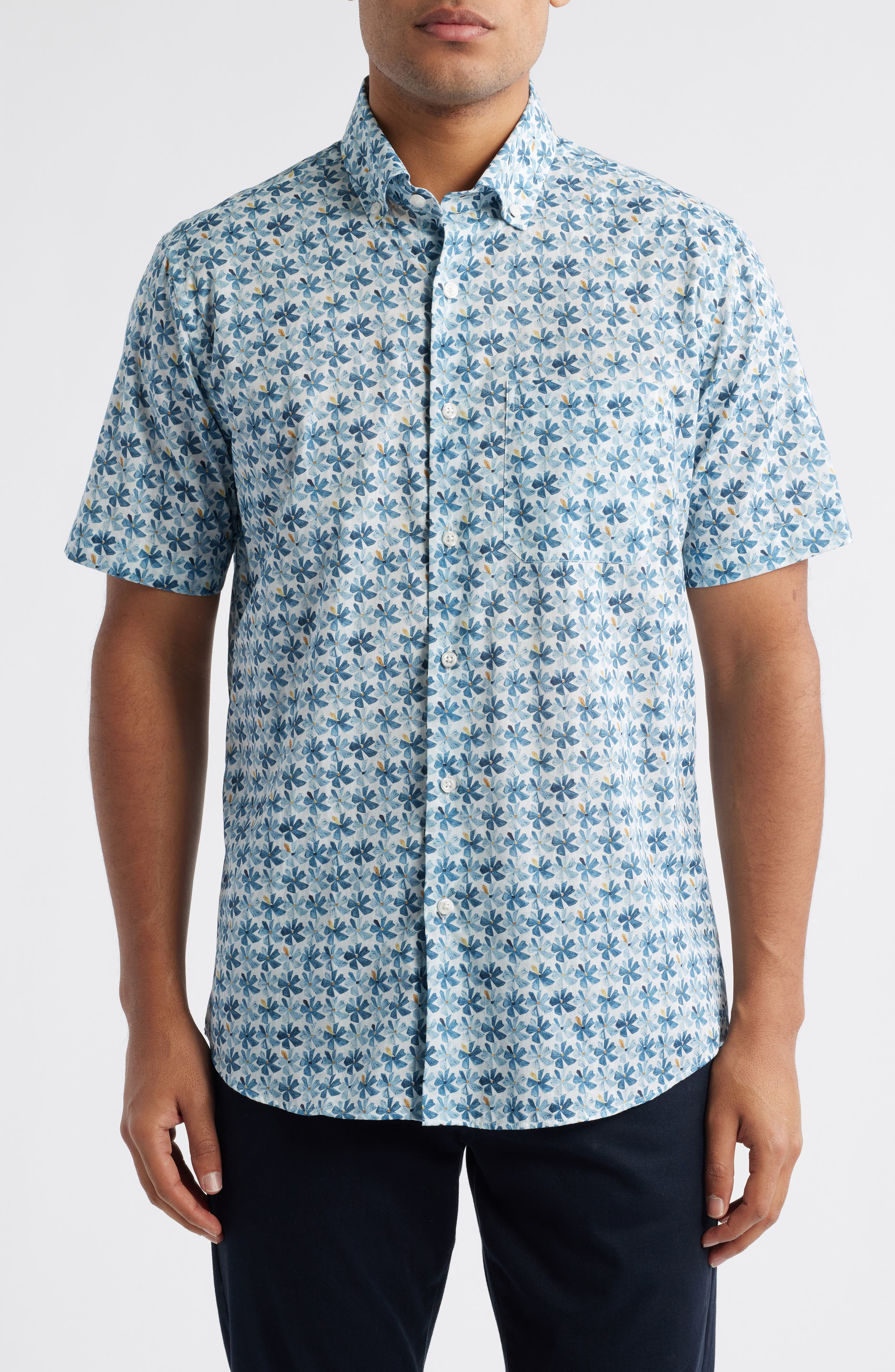 Scott Barber Voile Flower Print Short Sleeve Button-Up Shirt
