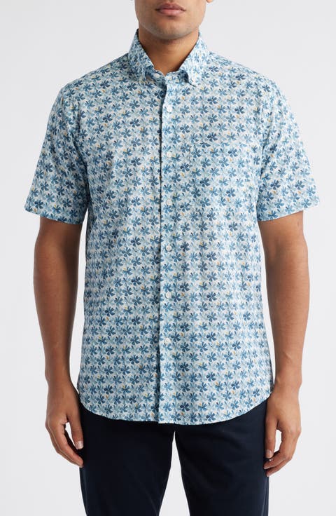 Voile Flower Print Short Sleeve Button-Up Shirt