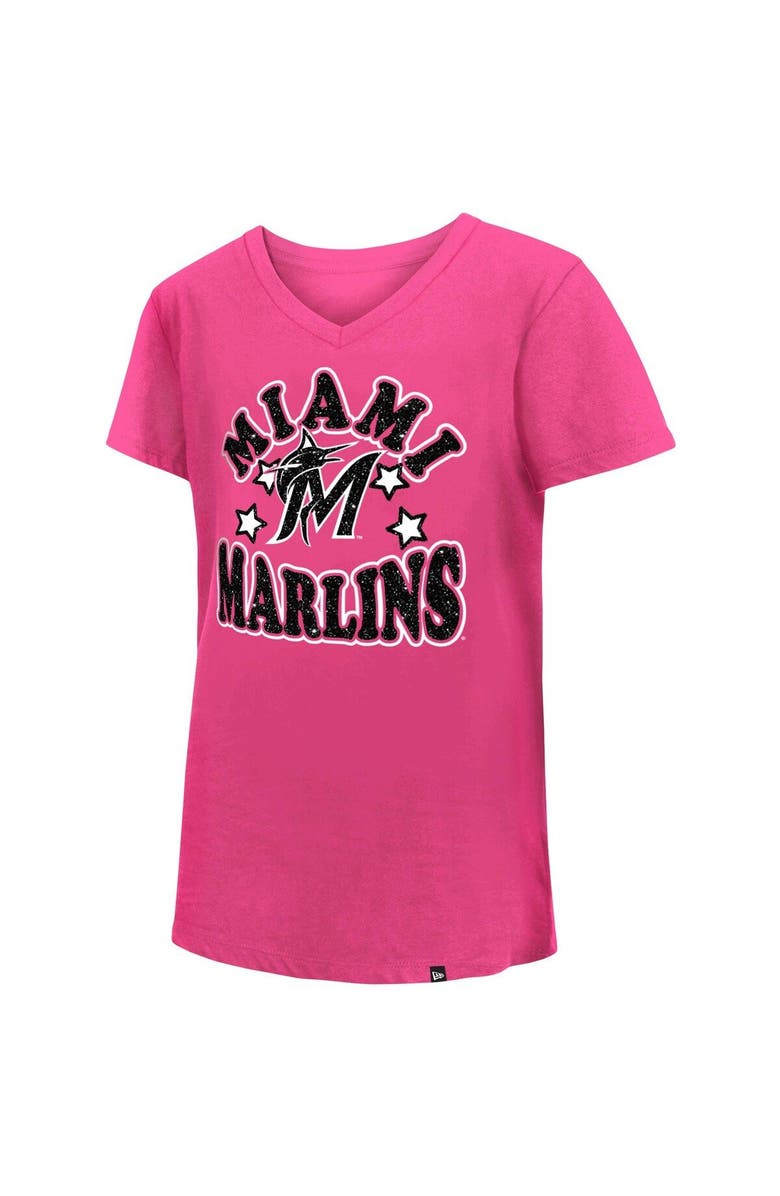 New Era Girls Youth New Era Pink Miami Marlins Jersey Stars V-Neck T-Shirt, Alternate, color, 