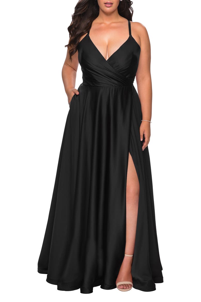 Satin A-line Plus Dress with Lace Up Back and Pockets, Main, color, Black