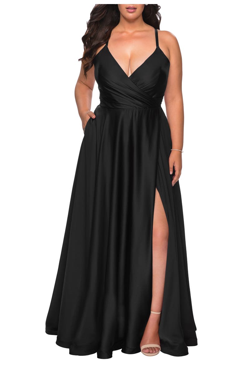 La Femme Satin A-line Plus Dress with Lace Up Back and Pockets, Main, color, Black