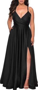 La Femme Satin A-line Plus Dress with Lace Up Back and Pockets