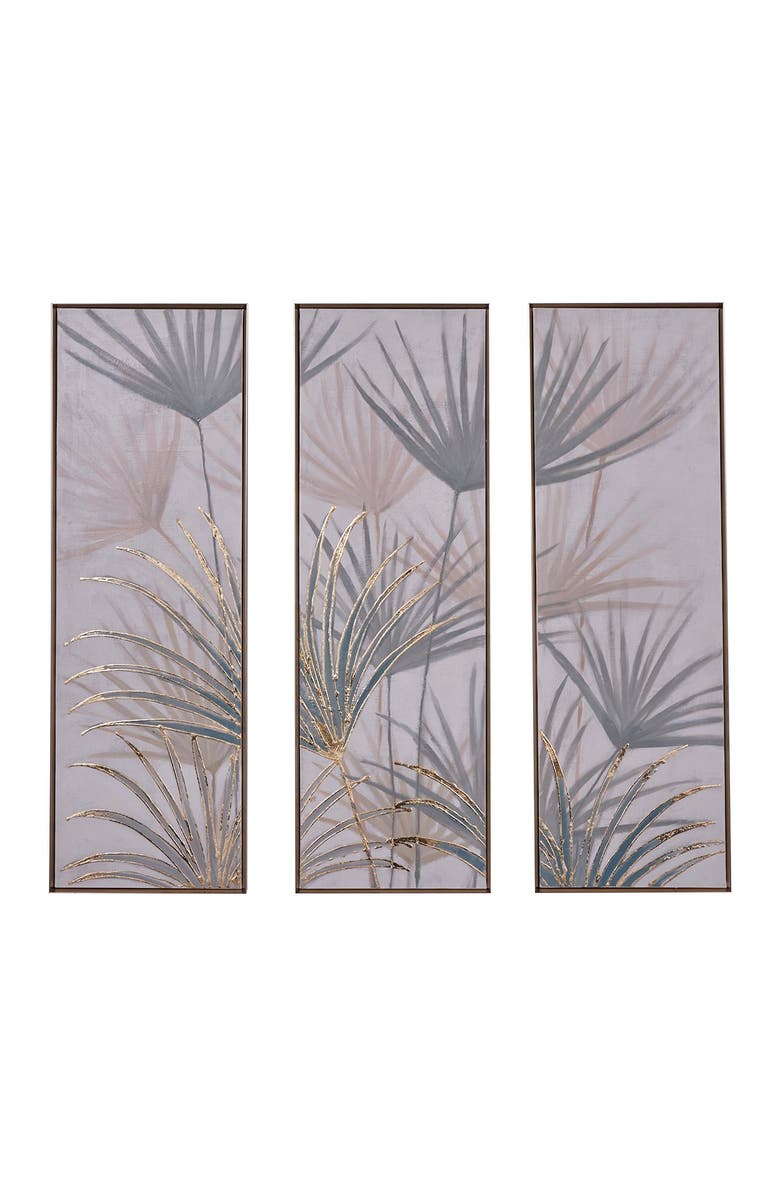 WILLOW ROW Brown Canvas Handmade Palm Leaf Framed Wall Art - Set of 3, Alternate, color, Brown