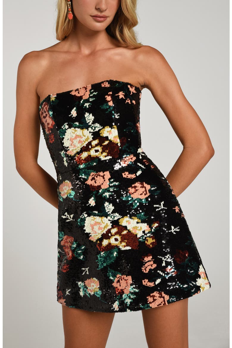 Linda Sequin Strapless Minidress, Alternate, color, BLACK FLORAL
