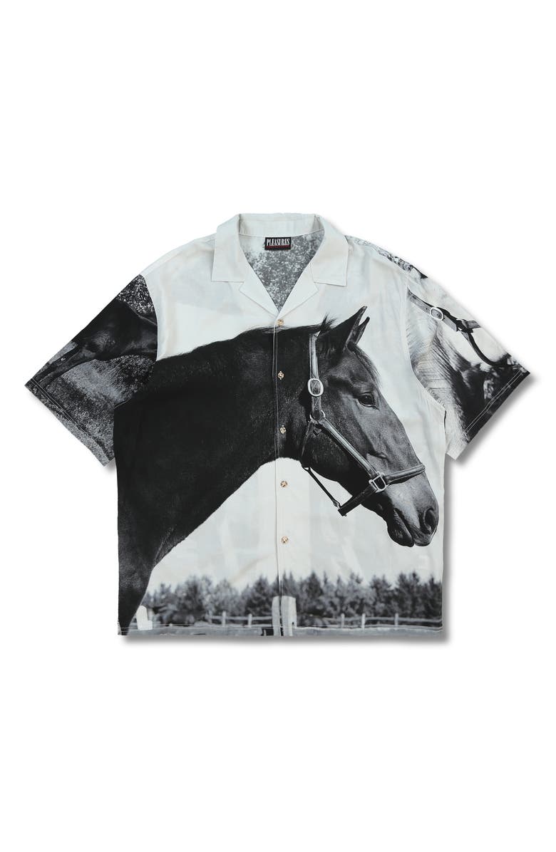 PLEASURES Horses Print Short Sleeve Button-Up Shirt, Alternate, color, 