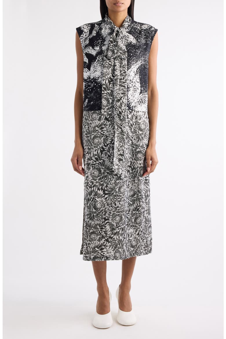 Cecussi Abstract Floral Tie Neck Midi Dress, Main, color, BLACK