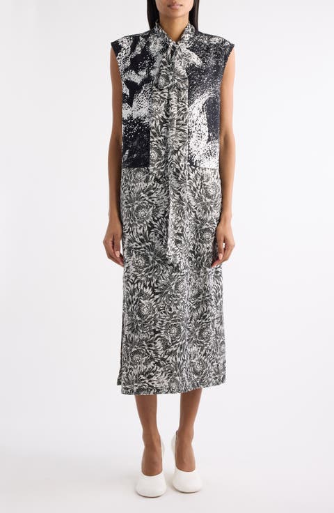 Cecussi Abstract Floral Tie Neck Midi Dress